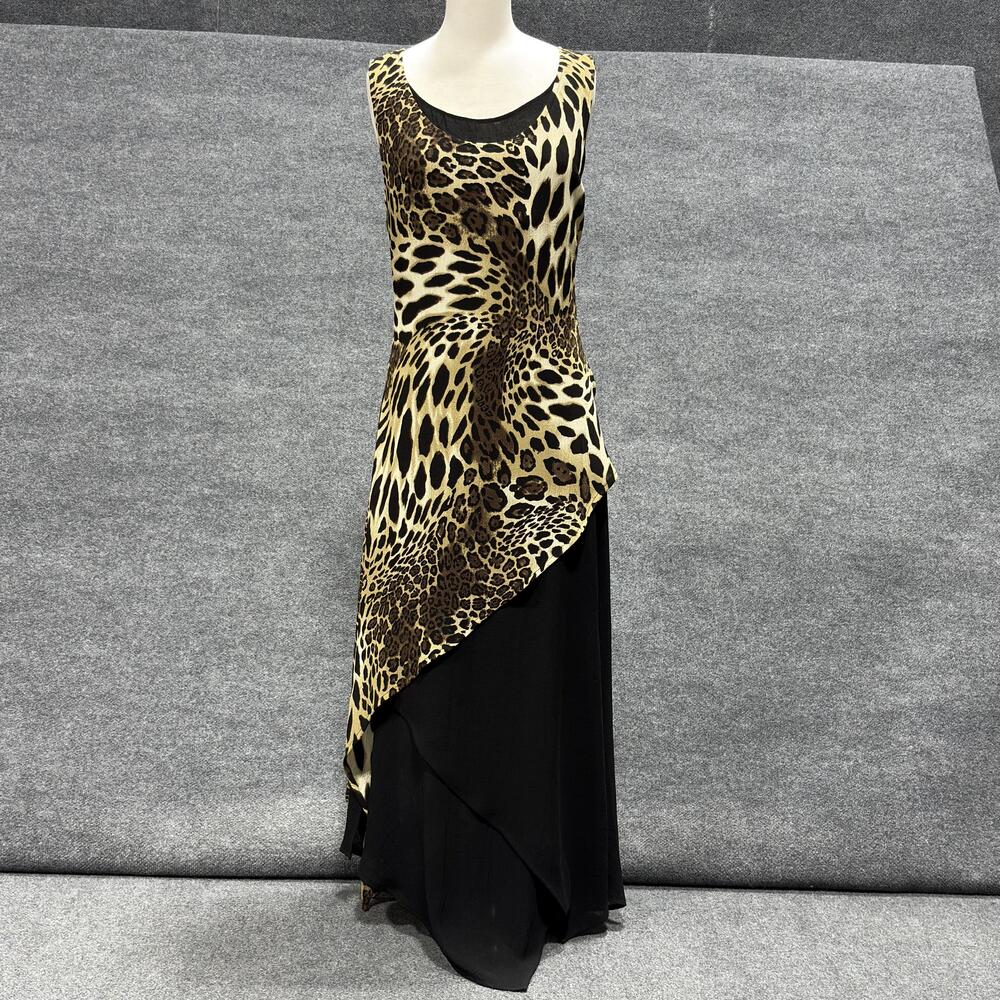 Vintage Joseph Ribkoff Dress Women 8 Black Leopard Asymmetrical Maxi Sleeveless